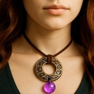 14" Brown Cord Copper color Hoop Pendant - Pink Beaded - Women's Fashion Jewelry